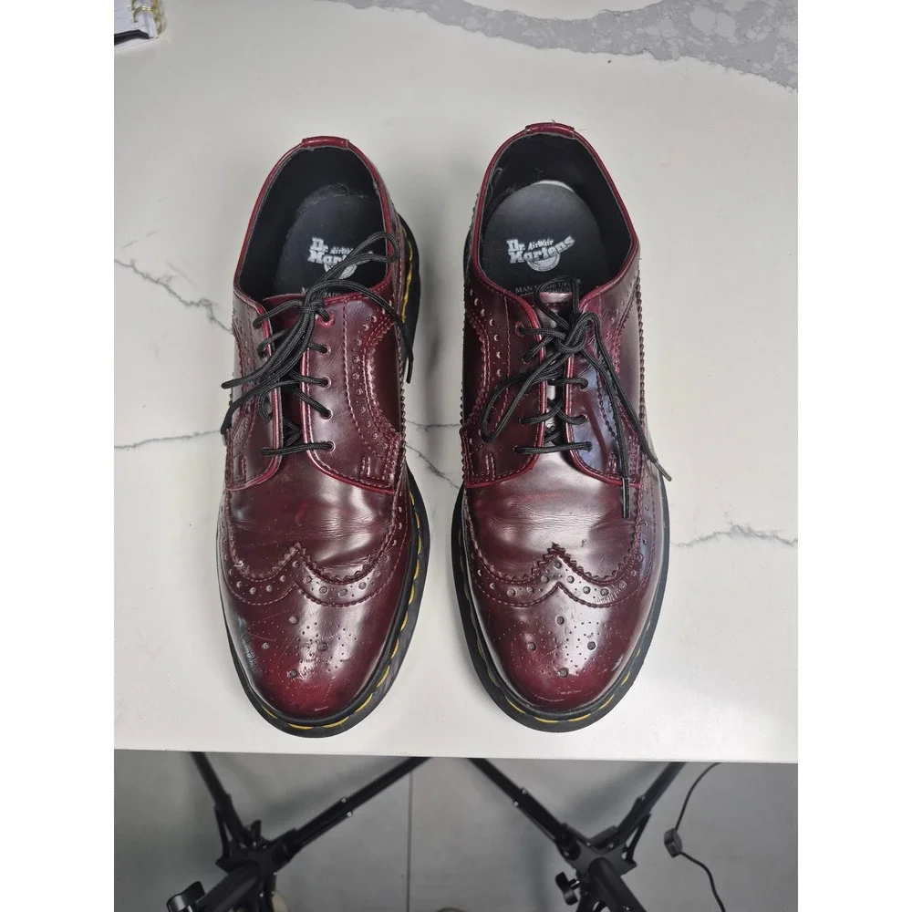 Dr. Martens Vegan 3989 Brogue Cherry Red Oxford Rub Off Wingtip Shoes